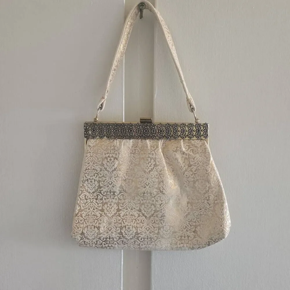 Evening Bag ANTIGUO BOLSO SCHOOL FLORENCE - PIEL, Ivory/Gold, Vtg. , EUC